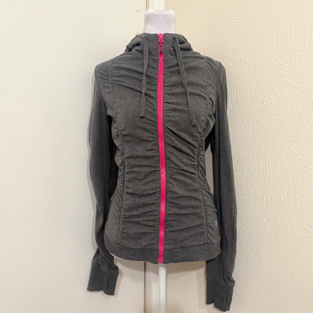 MPG Sport Slimming Gray Hot Pink Ruched Full Zip Hoodie Thumbhole Jacket Size S